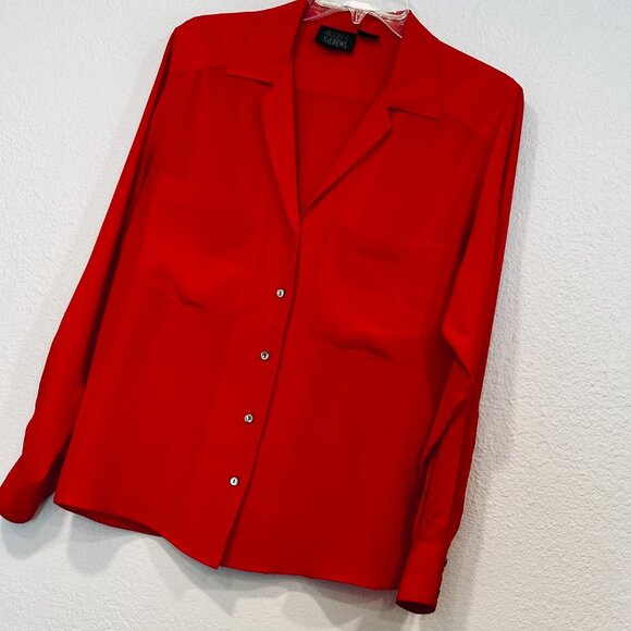 VTG 80s Alcott & Andrews Silk Blouse Red Button Up V-Neck Pockets Womens Size 4 - Picture 6 of 9